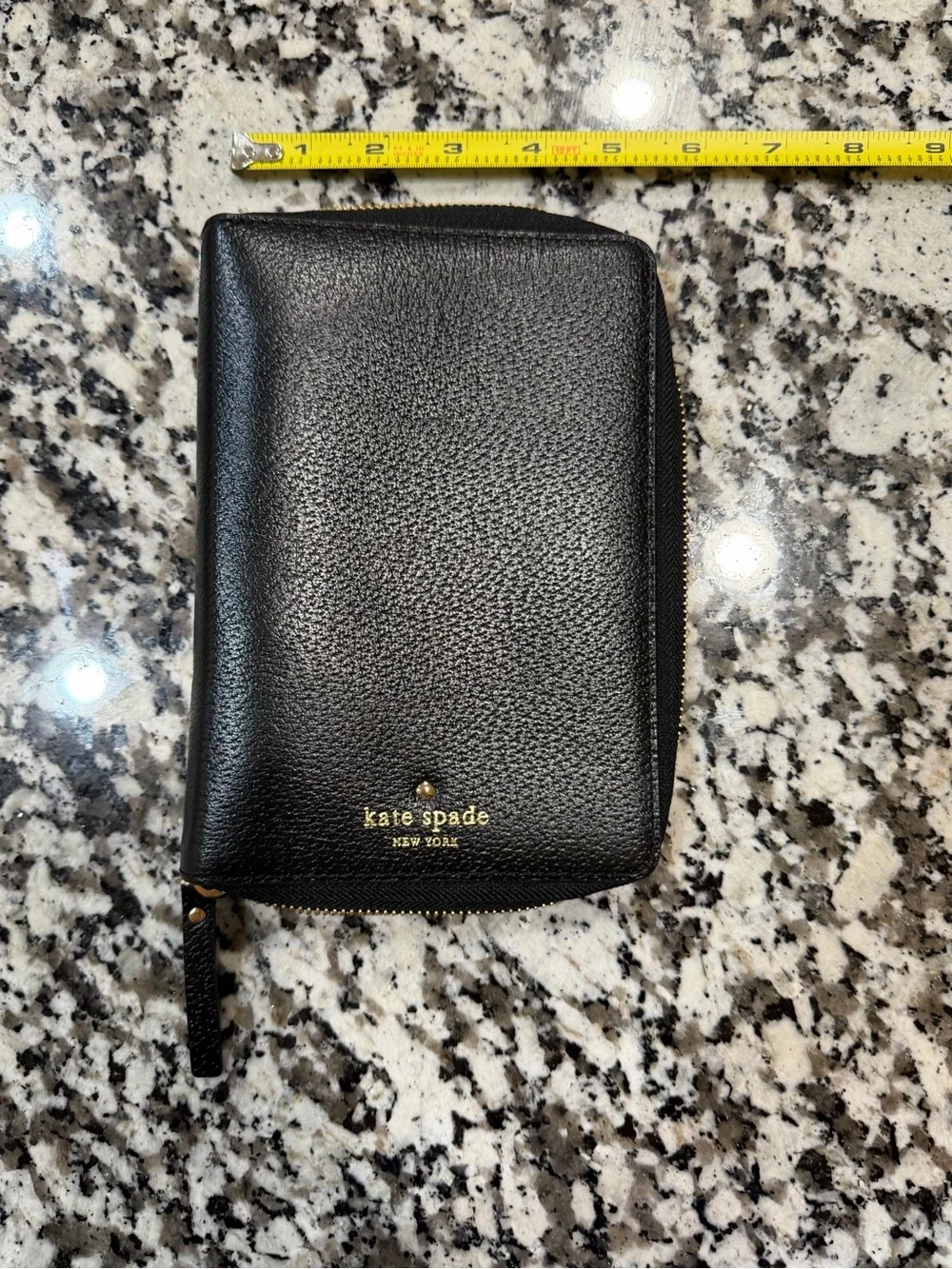 kate spade Black Pebbled Leather Zip Wallet with Gold Logo